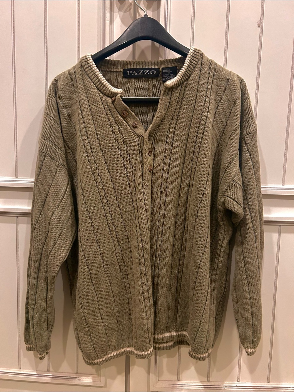 Vintage PAZZO Olive Green Ribbed Henley Sweater with Contrast Trim